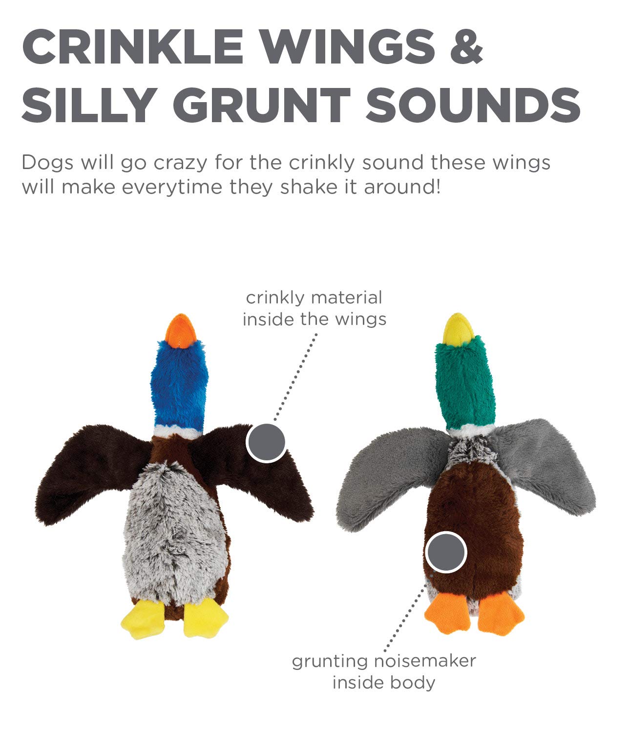 Outward Hound Flapperz Plush Crinkle Duck Dog Toy, 2-Pack - Grunt, Crinkle & Flop, Small