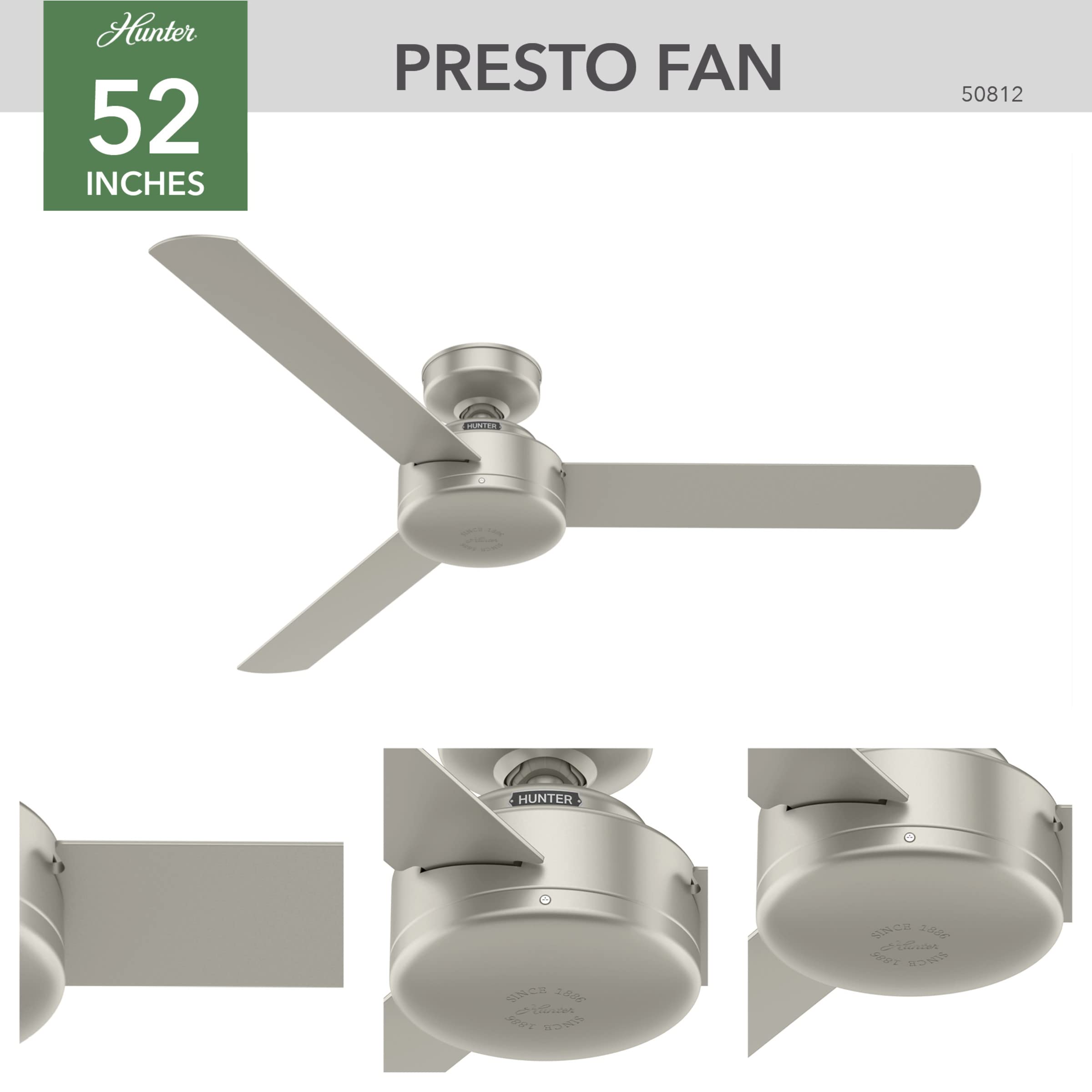 Hunter Fan Company 50812 Presto Ceiling Fan, 52, Matte Nickel