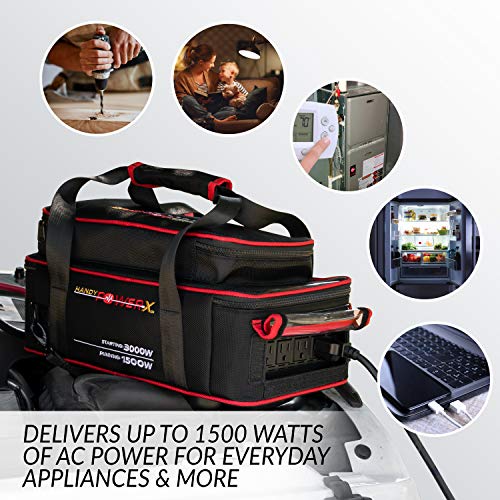 Handy Power X 1500 Watt Car Power Inverter, Connects to Vehicle for Emergency Back-up Power, 4 x 110V AC Outlets, 1 x USB Port (4.2A Total Output), Weather Resistant & Heavy Duty Bag, Includes Cables