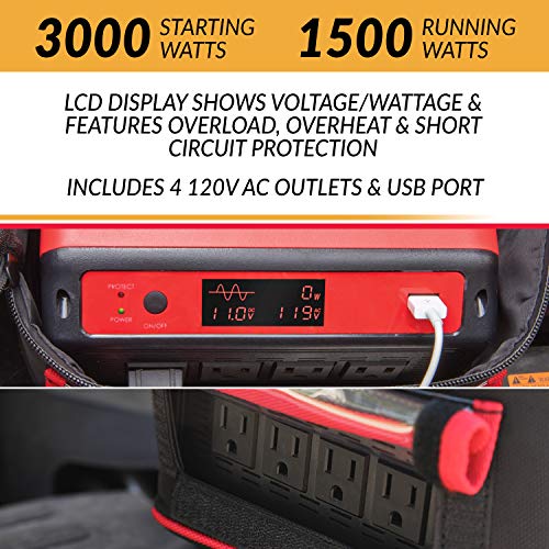 Handy Power X 1500 Watt Car Power Inverter, Connects to Vehicle for Emergency Back-up Power, 4 x 110V AC Outlets, 1 x USB Port (4.2A Total Output), Weather Resistant & Heavy Duty Bag, Includes Cables