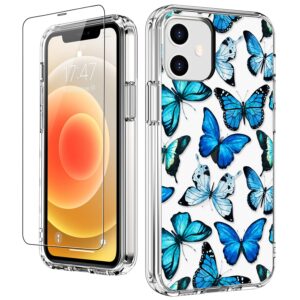 luhouri designed for iphone 12 mini case with screen protector - slim fit, sturdy clear acrylic cover for women and girls - protective phone case 5.4" - floral blue butterflies