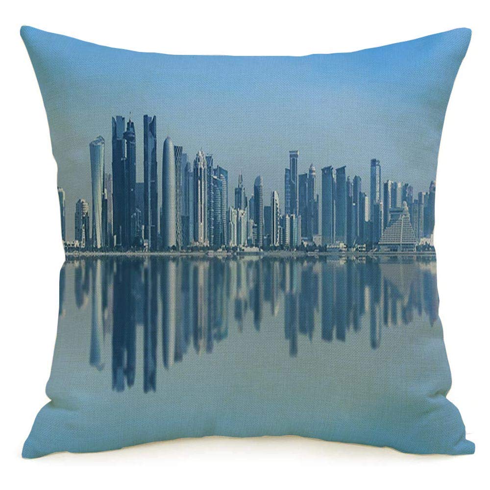 Pillowcase Cushion Case View Futuristic District Urban East Skyline Doha Coastline Travel Qatar Landmarks Business Finance Cozy Linen Square Decorative Throw Pillow Covers for Couch Bed 20x20 Inch