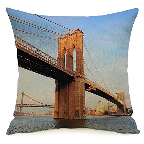 Pillow Cover City Brooklyn Bridge Cloud Over East Urban River Viewed Outdoors Parks Outdoor Design Cityscape Linen Decorative Square Throw Pillow Cover 20x20 Inch for Sofa Couch Decoration