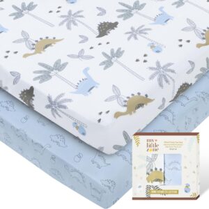 My Little Zone 100% Cotton Crib Fitted Sheets for Baby Boys and Girls, Dinosaur - Breathable Toddler Bed Sheet Set - Dino Safari, 28x52 with 8" Deep Pocket, Blue-White, 2 Pack