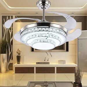 CNCEST 42inch Invisible Ceiling Fan LED Ceiling Fan with Light Telescopic Fan and Chandelier W/3 Color Temperatures Dimming 3 Wind Speed Remote Control Kitchen Living Bedroom Indoor Silver