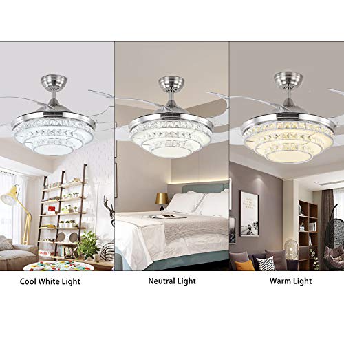 CNCEST 42inch Invisible Ceiling Fan LED Ceiling Fan with Light Telescopic Fan and Chandelier W/3 Color Temperatures Dimming 3 Wind Speed Remote Control Kitchen Living Bedroom Indoor Silver