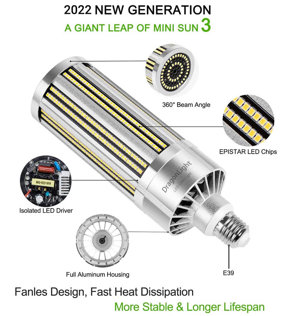 DragonLight 240W Commercial Grade Corn LED Light Bulb Fanless(1000 Watt MH/HPS Replacement) E39 Large Mogul Base LED Lamp 5000K Daylight 32,400Lumen