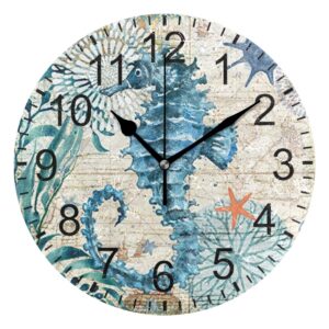 wamika wall clock ocean, silent non-ticking, 10 inch battery operated quartz analog clock, nautical blue map sea life design, easy to read, ideal for home, office, school