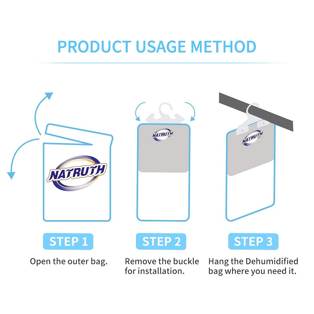 NATRUTH Moisture Absorber Bag, 12 Packs Fragrance Free Desiccant Hanging Bag，Odor Absorber，Eliminates Odors Creates Fresher Cleaner air，Efficient Humidity Absorber for Closet、Bathroom、Humidity Packs