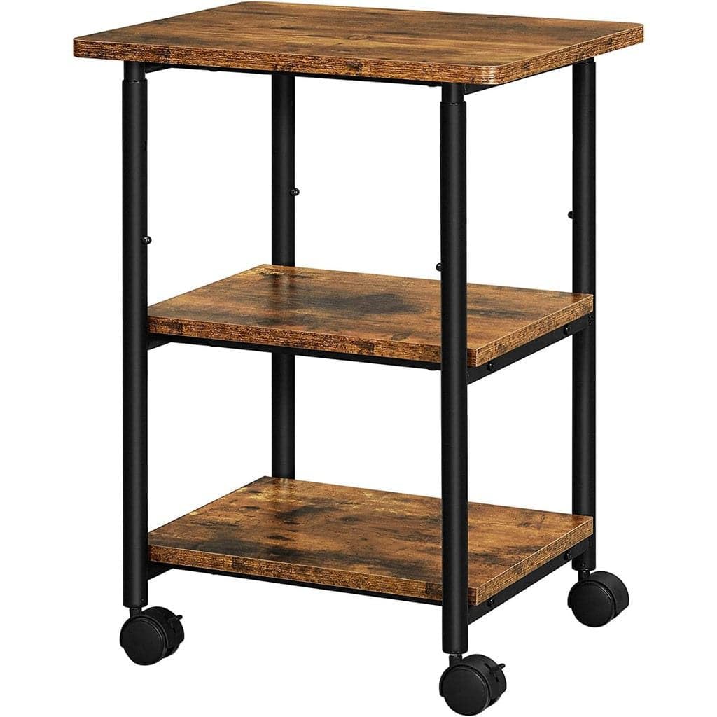 VASAGLE Industrial Printer Stand, 3-Tier Machine Cart with Wheels and Adjustable Table Top, Heavy Duty Storage Rack for Office and Home, Rustic Brown and Black UOPS003B01