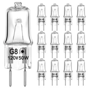 g8 halogen light bulb 50w 120v t4 jcd type g8 bi-pin base dimmable g8 small light bulbs for kitchen hood, landscape lights, desk and floor lamps, wall sconces, warm white 2700k (12 pack)