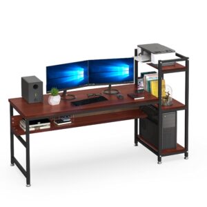 nsdirect 60" large computer desk with 4 tier storage shelves, office desk computer table studying writing drawing modern desk for home workstation with bookshelf and tower shelf, red