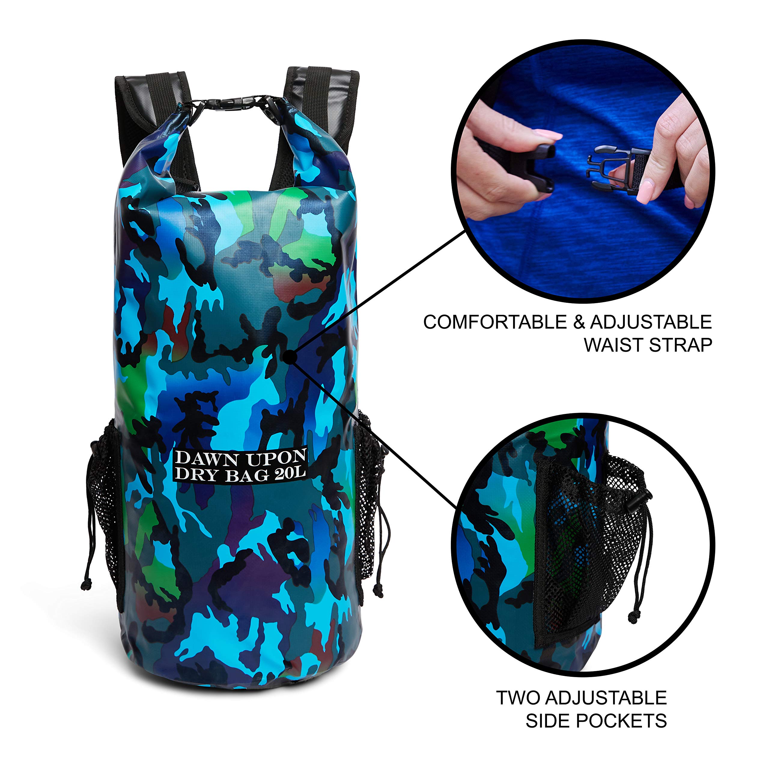 DAWN UPON Floating Dry Backpack – 20L Capacity – 2 Padded Straps! – 100% Waterproof Bag – Keeps Gear Dry – Perfect for Water Sports: Kayaking, Canoeing, Paddle-Boarding, Rafting & Boating- Camo Blue