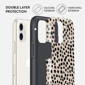 BURGA Phone Case Compatible with iPhone 11 - Hybrid 2-Layer Hard Shell + Silicone Protective Case -Black Polka Dots Pattern Nude Almond Latte - Scratch-Resistant Shockproof Cover