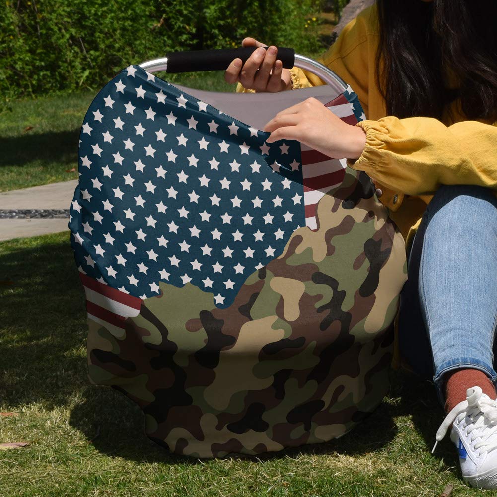 American Camouflage Baby Nursing Cover for Breastfeeding, USA Flag Camo Breathable Stretchy Nursing Scarf Carseat Canopy for Boys or Girls Stroller Car Seat Covers Stars and Stripes Independence Day