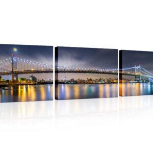 Living Room Wall Decor Astoria New York Skyline Wall Art Triboro Bridge Across East River At Night HD Poster Prints on Canvas 3 Pieces Moon landscape Home Decor Framed Ready to Hang 14x20 inch x3