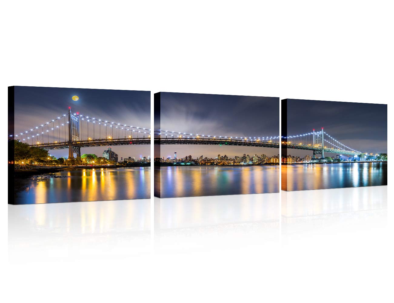 Living Room Wall Decor Astoria New York Skyline Wall Art Triboro Bridge Across East River At Night HD Poster Prints on Canvas 3 Pieces Moon landscape Home Decor Framed Ready to Hang 14x20 inch x3