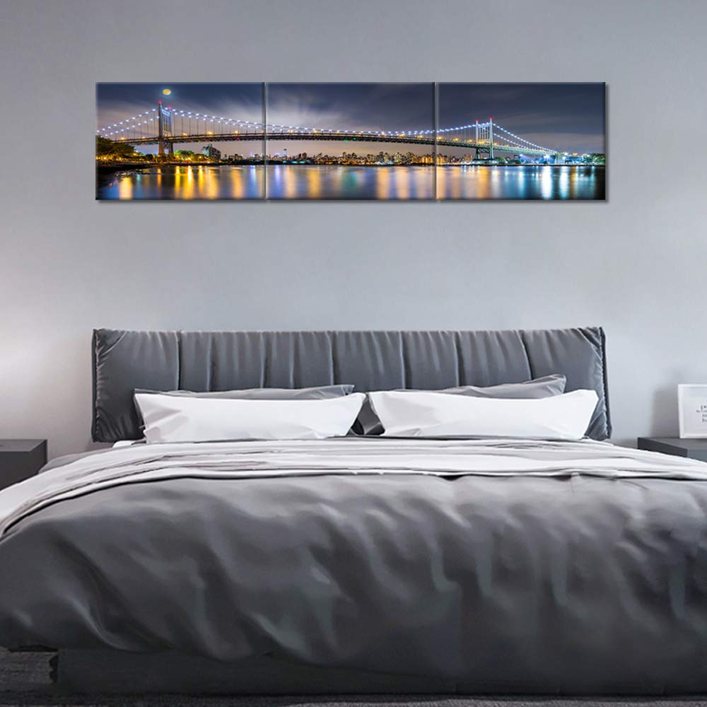 Living Room Wall Decor Astoria New York Skyline Wall Art Triboro Bridge Across East River At Night HD Poster Prints on Canvas 3 Pieces Moon landscape Home Decor Framed Ready to Hang 14x20 inch x3