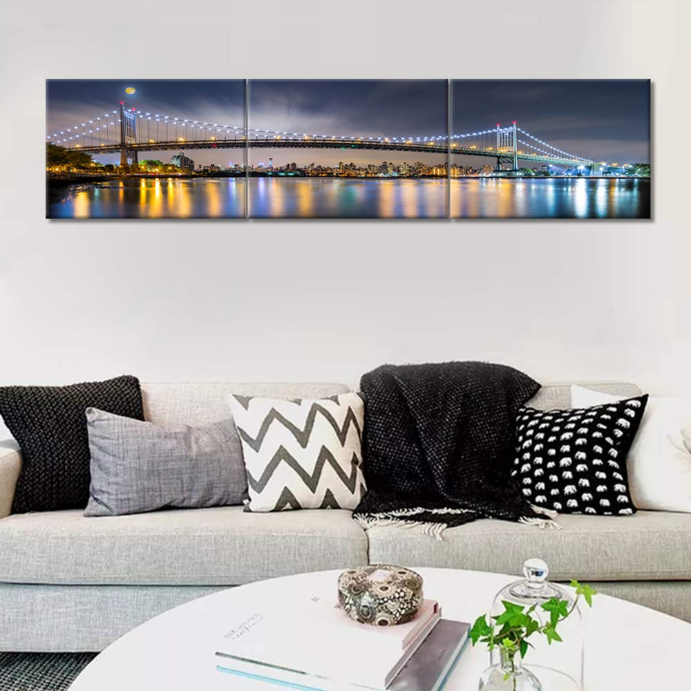 Living Room Wall Decor Astoria New York Skyline Wall Art Triboro Bridge Across East River At Night HD Poster Prints on Canvas 3 Pieces Moon landscape Home Decor Framed Ready to Hang 14x20 inch x3