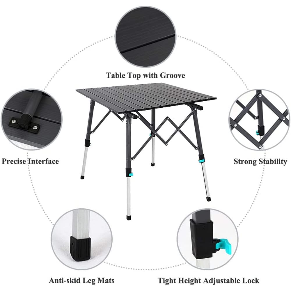 IBEQUEM Aluminum Foldable Table, Outdoor Camping Table Folding, Portable Lightweight Height Adjustable Camping Table with Carry Bag for Indoor Outdoor Travel, Camping Party BBQ Backyard (Black)