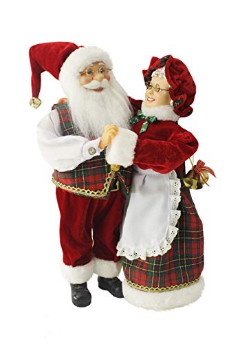 Windy Hill Collection Dancing Mr & Mrs Santa Claus Red, Green, Gold Plaid 16" Inch Standing Figurine Figure Decoration 160051