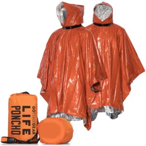 go time gear emergency survival life poncho - 2 thermal mylar space blanket rain ponchos - use in camping, hiking, survival gear & bug out bag - includes survival whistle & paracord string (orange)