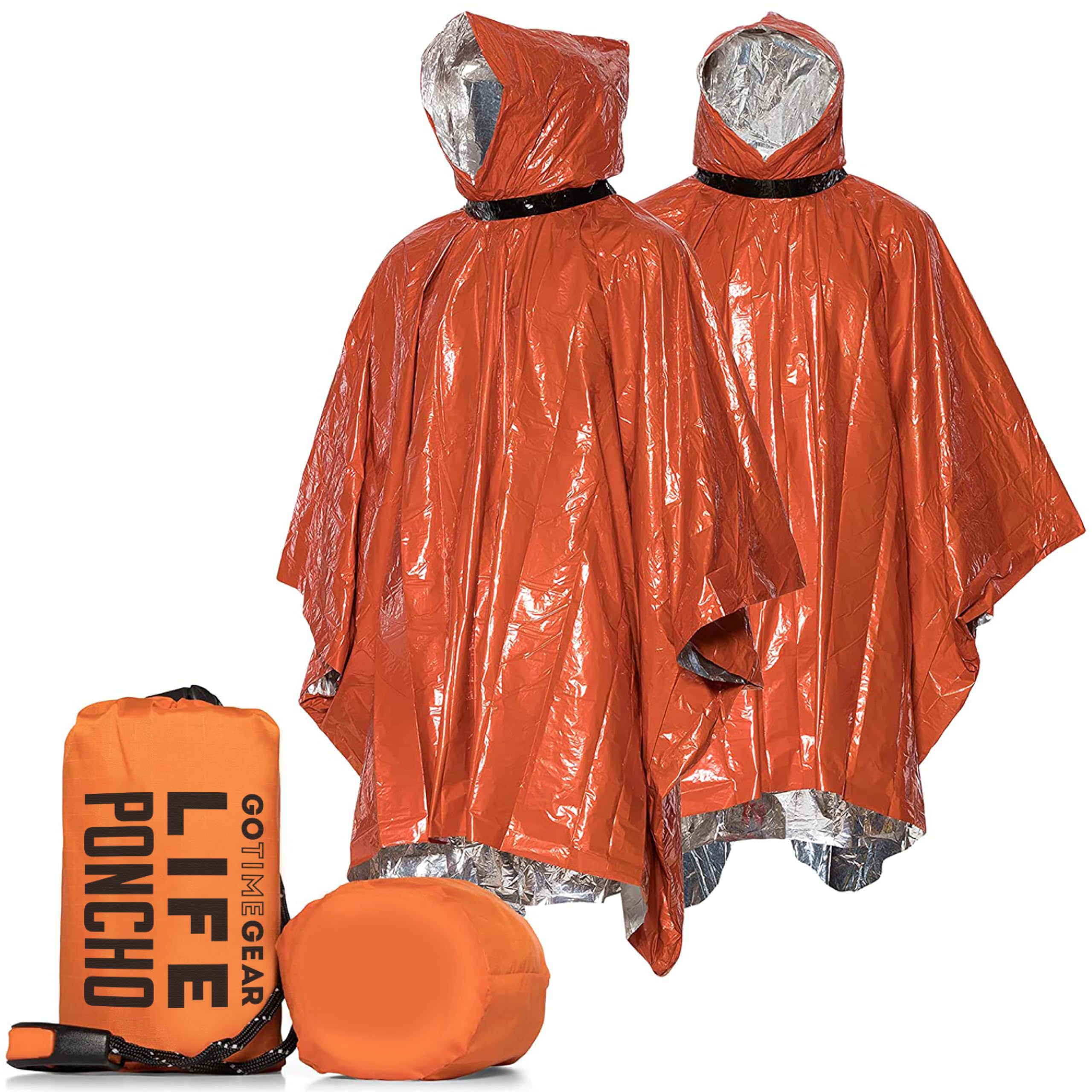 Go Time Gear Emergency Survival Life Poncho - 2 Thermal Mylar Space Blanket Rain Ponchos - Use in Camping, Hiking, Survival Gear & Bug Out Bag - Includes Survival Whistle & Paracord String (Orange)