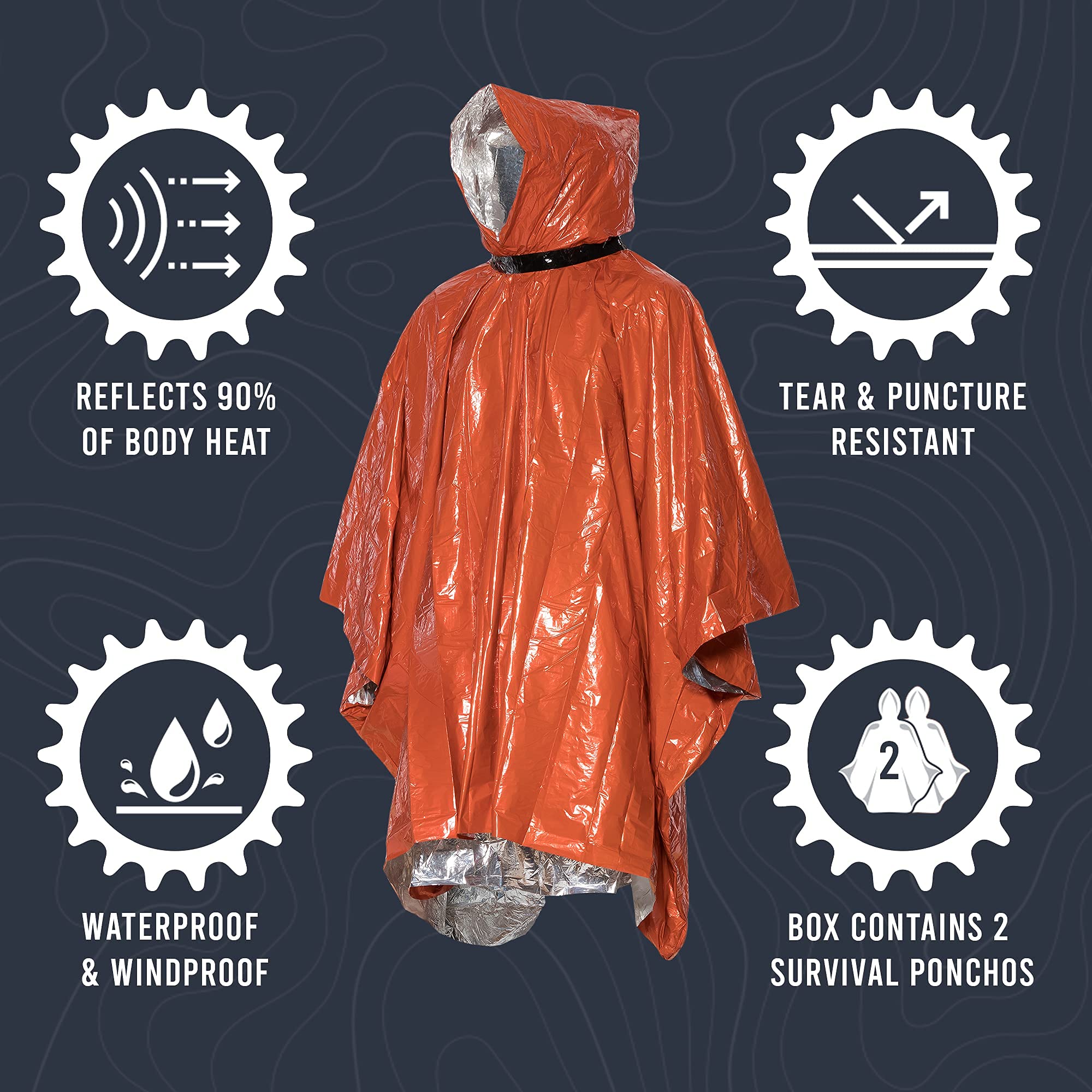 Go Time Gear Emergency Survival Life Poncho - 2 Thermal Mylar Space Blanket Rain Ponchos - Use in Camping, Hiking, Survival Gear & Bug Out Bag - Includes Survival Whistle & Paracord String (Orange)