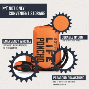 Go Time Gear Emergency Survival Life Poncho - 2 Thermal Mylar Space Blanket Rain Ponchos - Use in Camping, Hiking, Survival Gear & Bug Out Bag - Includes Survival Whistle & Paracord String (Orange)