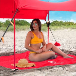 red suricata family beach tent & beach canopy, matching sand free beach mat blanket & 2 beverage holders bundle - upf50 uv sun shade shelter (large, red)