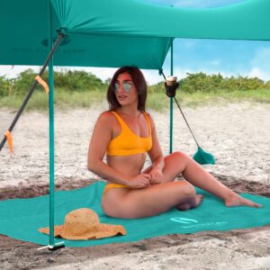 red suricata family beach tent & beach canopy, matching sand free beach mat blanket & 2 beverage holders bundle - upf50 uv sun shade shelter (large, turquoise)
