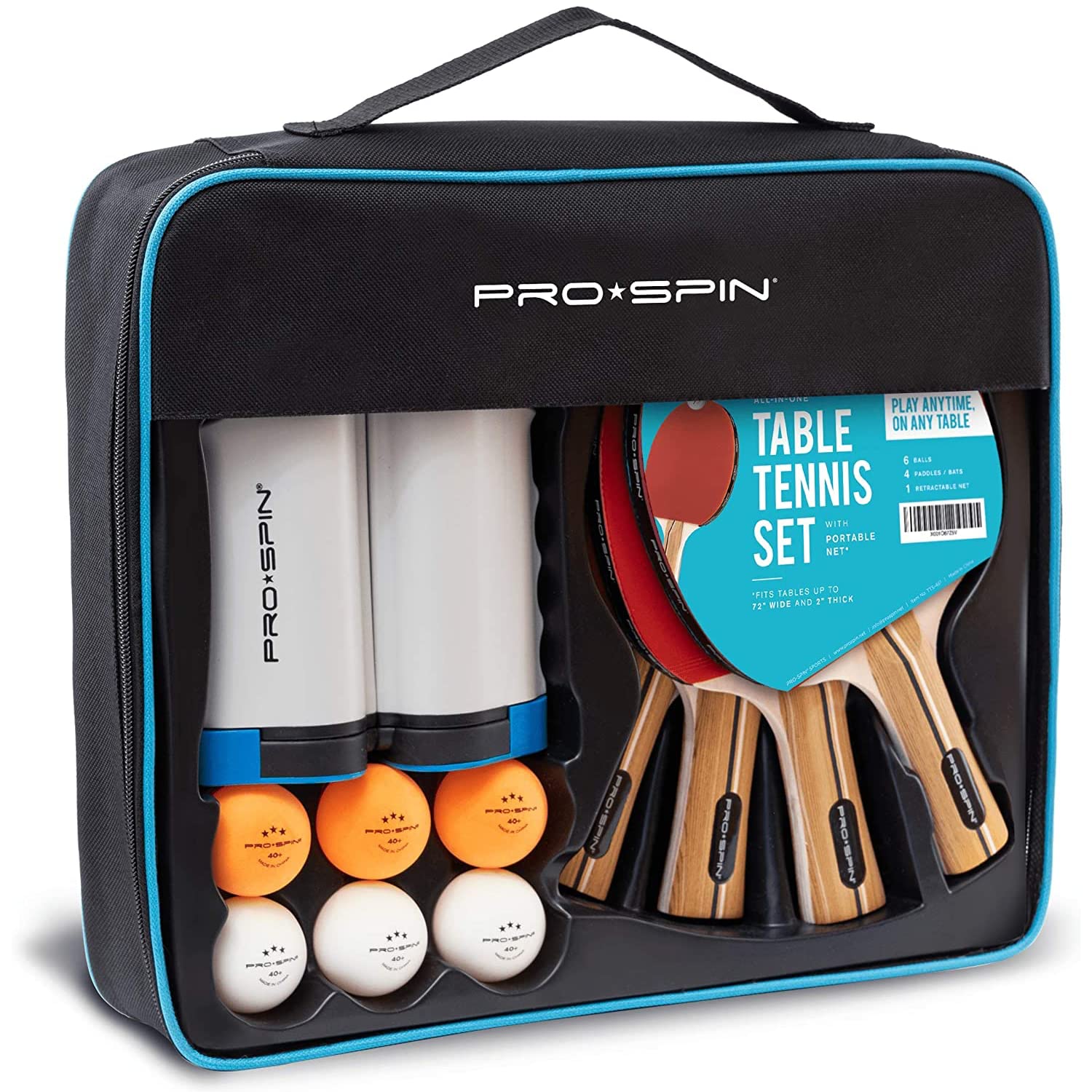 PRO-SPIN All-in-One Portable Ping Pong Paddle Set (4-Player) | Table Tennis Set | Retractable Ping Pong Net (Up to 72" Wide) | Premium Paddles | 3-Star Balls | Storage Case | Game Table | Gift