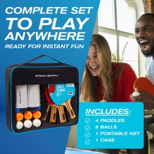 PRO-SPIN All-in-One Portable Ping Pong Paddle Set (4-Player) | Table Tennis Set | Retractable Ping Pong Net (Up to 72" Wide) | Premium Paddles | 3-Star Balls | Storage Case | Game Table | Gift