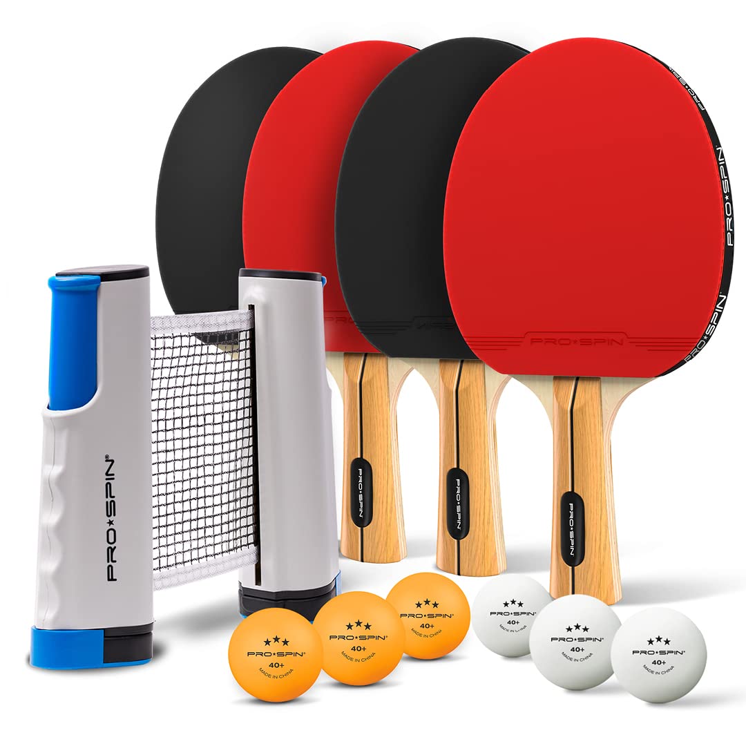 PRO-SPIN All-in-One Portable Ping Pong Paddle Set (4-Player) | Table Tennis Set | Retractable Ping Pong Net (Up to 72" Wide) | Premium Paddles | 3-Star Balls | Storage Case | Game Table | Gift