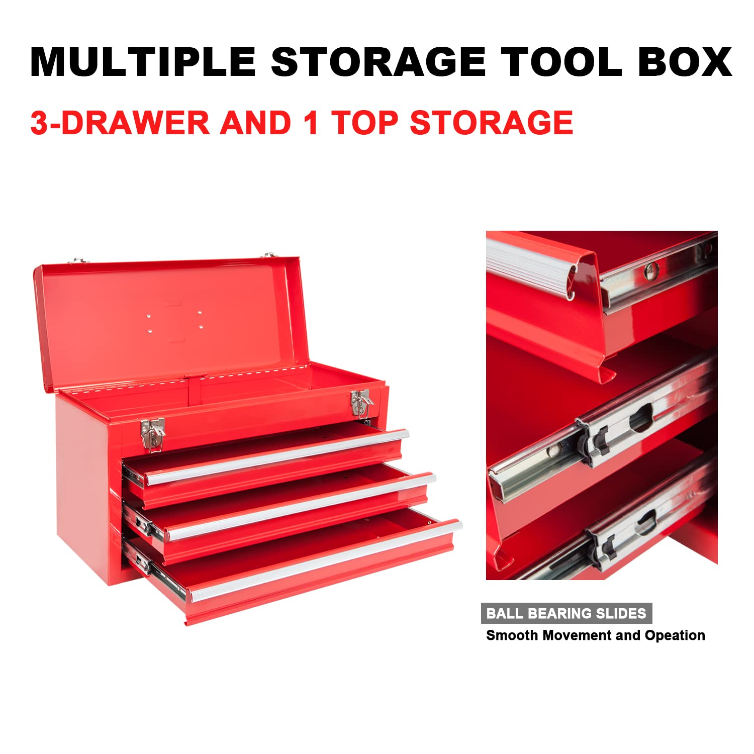 BIG RED ANTBD133-XB Torin 20" Portable 3 Drawer Steel Tool Box with Metal Latch Closure, Red