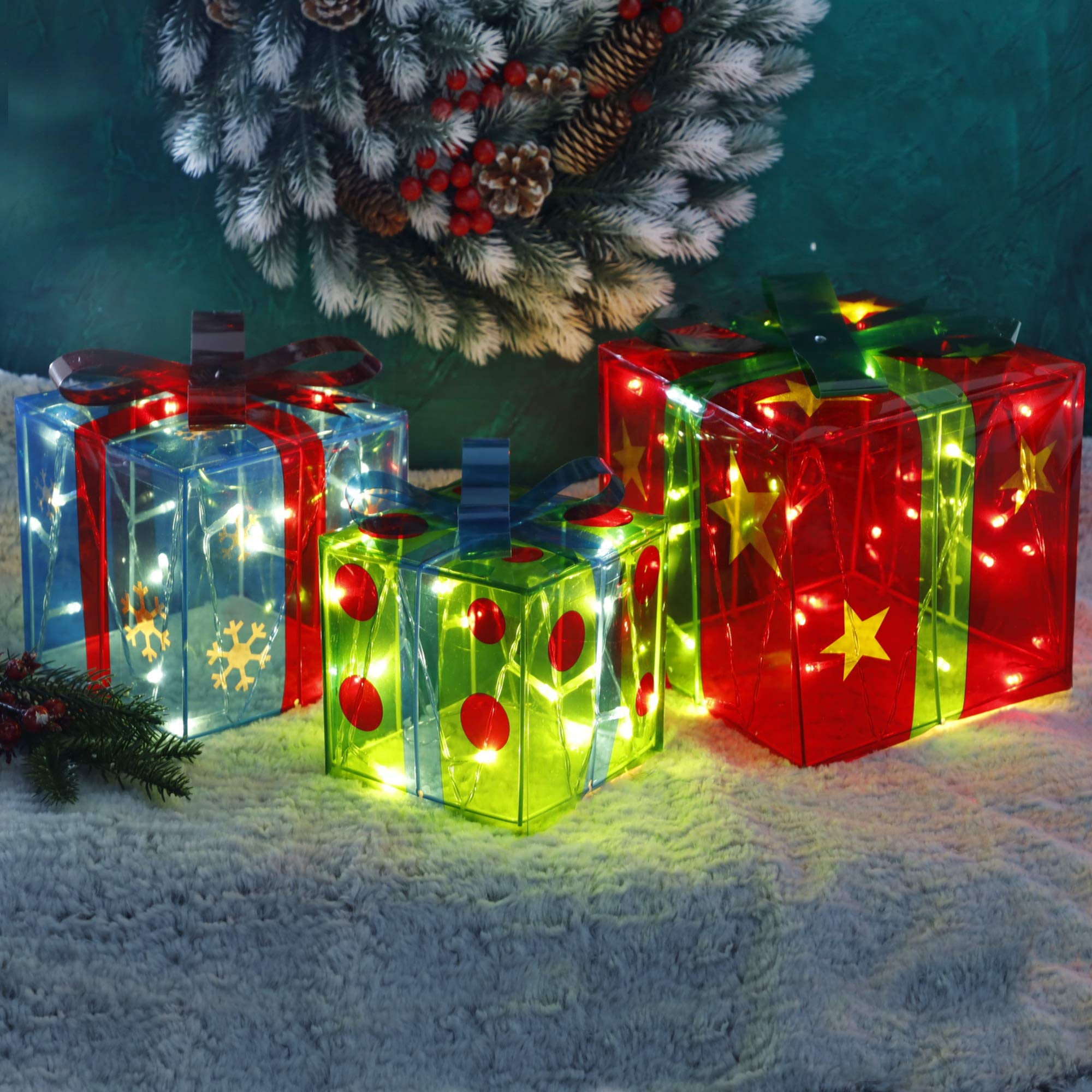 ATDAWN Set of 3 Lighted Gift Boxes Christmas Decorations, Snowflake Star Pre-lit Light Up Present Boxes for Christmas Indoor Home Outdoor Yard Lawn