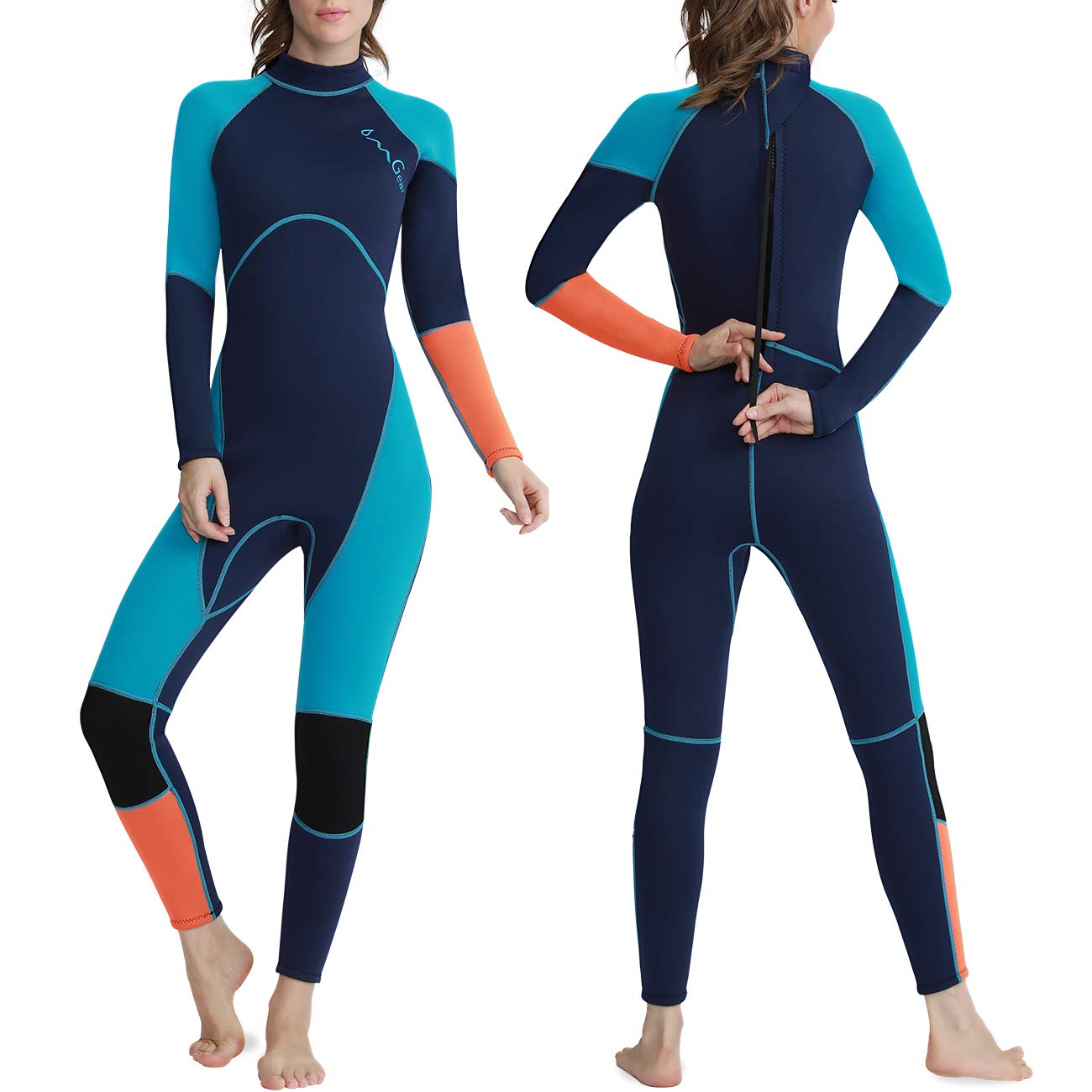 OMGear Wetsuit Men Women Youth 3mm Neoprene Full Body UV Protection One Piece Long Sleeves Scuba Diving Suits Back Zipper for Scuba Diving Surfing Snorkeling Swimming Water Sports(Green & Orange,M)