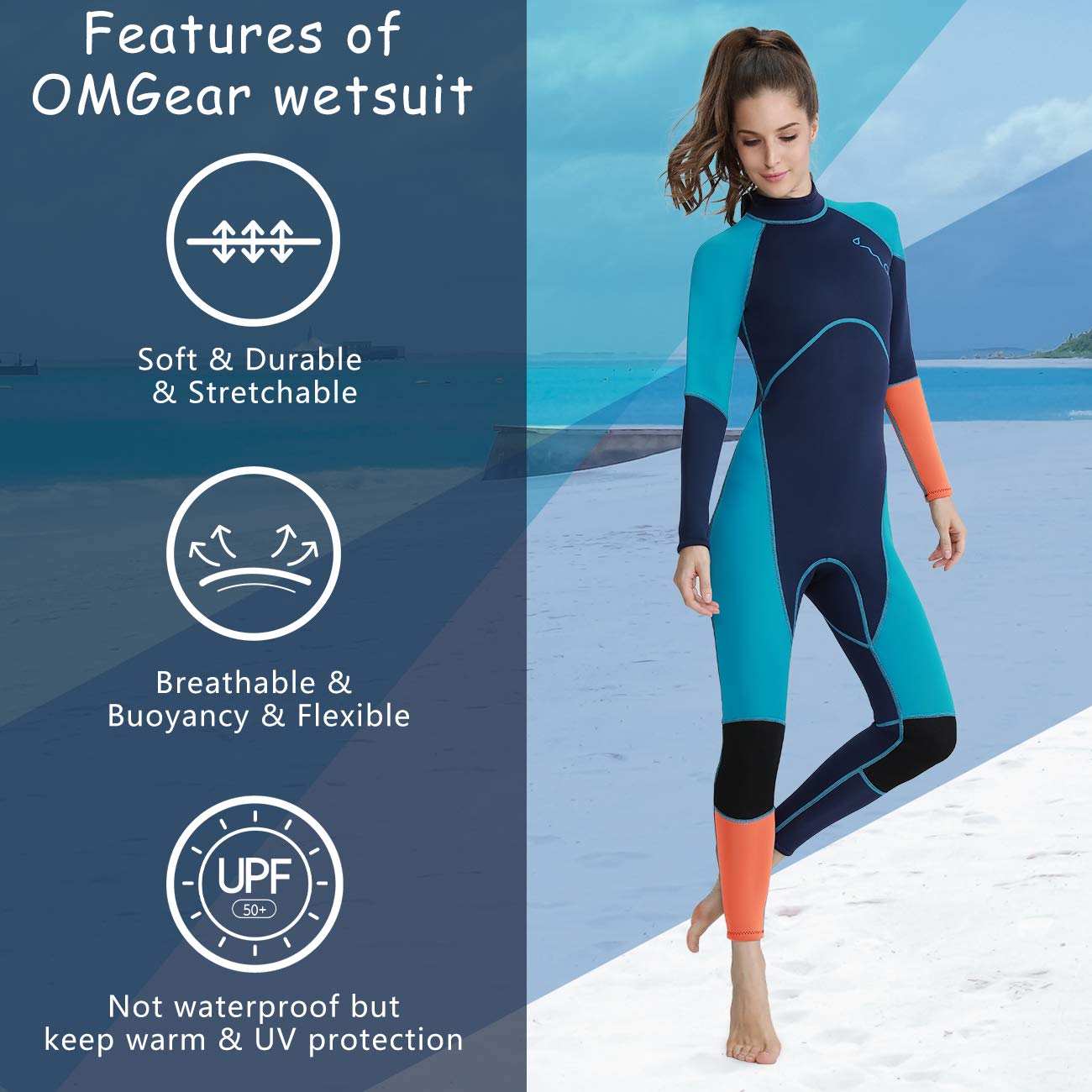 OMGear Wetsuit Men Women Youth 3mm Neoprene Full Body UV Protection One Piece Long Sleeves Scuba Diving Suits Back Zipper for Scuba Diving Surfing Snorkeling Swimming Water Sports(Green & Orange,M)