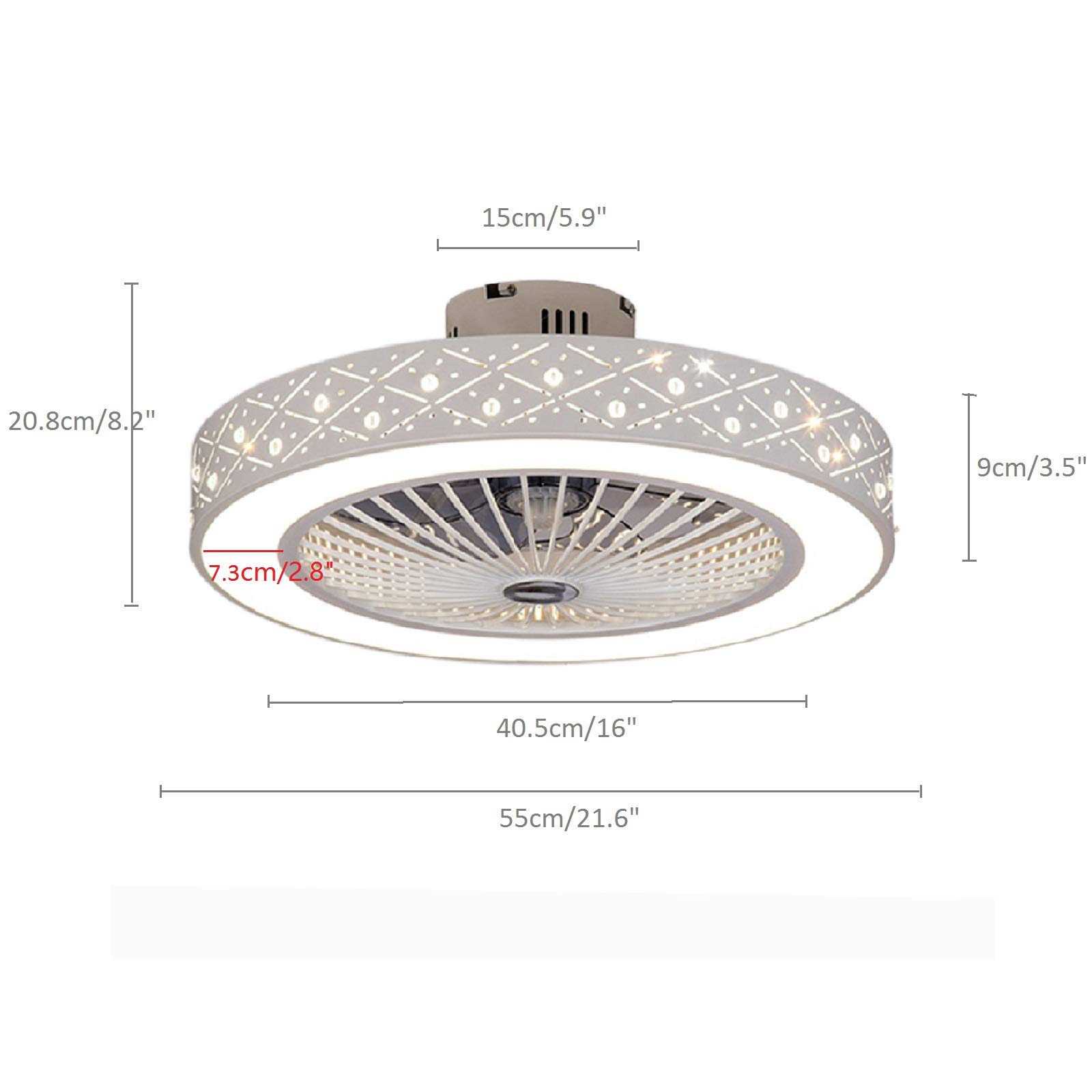 Modern LED Semi Flush Mount Light with Fan,22 Inch Ceiling fan Light with Remote Control,Hollow Shade Design,Acrylic Blades,3 Colors 3 Speeds,Enclosed Fan,Quiet Motor,Indoor Fandelier (White-22 inch)