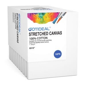 gotideal stretched canvas, 8x10" inch set of 10, primed white - 100% cotton artist canvas boards for painting, acrylic pouring, oil paint dry & wet art media