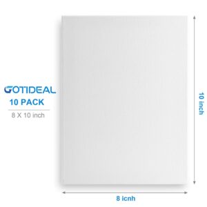 GOTIDEAL Stretched Canvas, 8x10" Inch Set of 10, Primed White - 100% Cotton Artist Canvas Boards for Painting, Acrylic Pouring, Oil Paint Dry & Wet Art Media