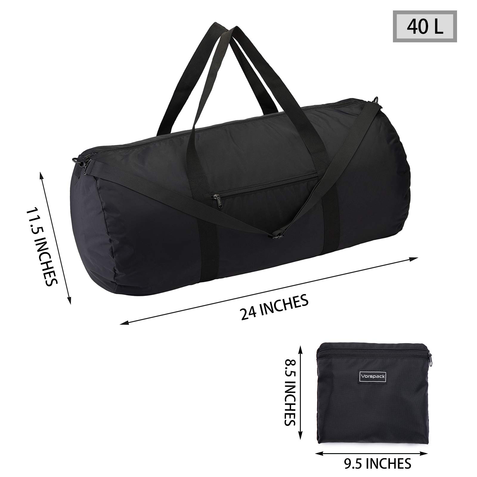 Vorspack Duffel Bag 24 Inches Foldable Lightweight Gym Bag with Inner Pocket for Travel Sports - Black