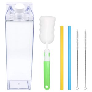 33oz milk carton water bottle -clear square milk bottles bpa free portable water bottle with 2 silicone straws & cleaning brush and 1 bottle brush for outdoor sports travel camping activities (1000ml)