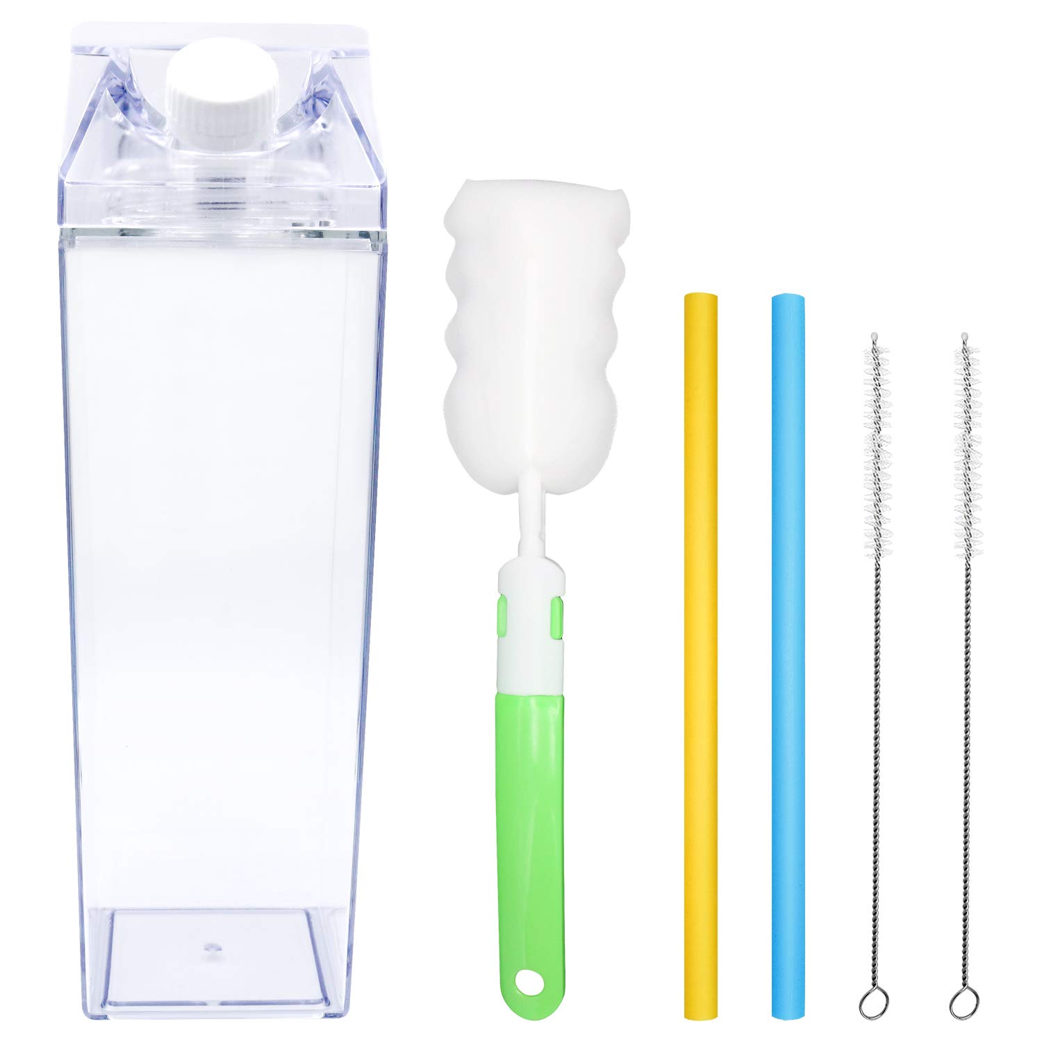 33oz Milk Carton Water Bottle -Clear Square Milk Bottles BPA Free Portable Water Bottle with 2 Silicone Straws & Cleaning Brush and 1 Bottle Brush for Outdoor Sports Travel Camping Activities (1000ml)