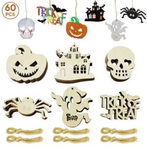 hidreas 60pcs halloween crafts unfinished wooden ornaments halloween craft kit diy wood cutouts with 60 pcs twine ropes halloween crafts for kids