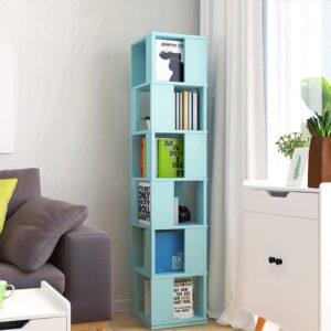 qihang-us 6 tier wooden bookcase corner tall book shelf modern 360° rotating storage display rack floor standing shelves with open design shelving unit for home office living room study, blue