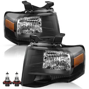 tusdar headlights assembly set with bulbs for 2007-2014 ford expedition driver & passenger side (black housing with amber reflector)