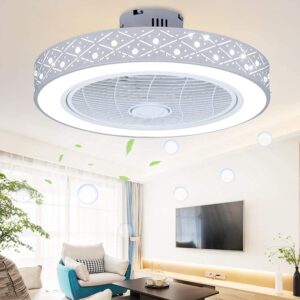 TFCFL Modern LED Ceiling Fan with Light, 22" Invisible Dimmable Acrylic Bladeless Chandelier Fan with Remote Control 3 Colors Change 3-Speed for Bedroom Living Room (White)