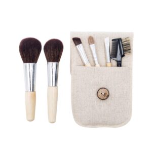 natural bamboo makeup brushes 6pcs mini cosmetic makeup brushes set with travel bag case powder blush eye shadows eyebrow make up brushes kit(beige)