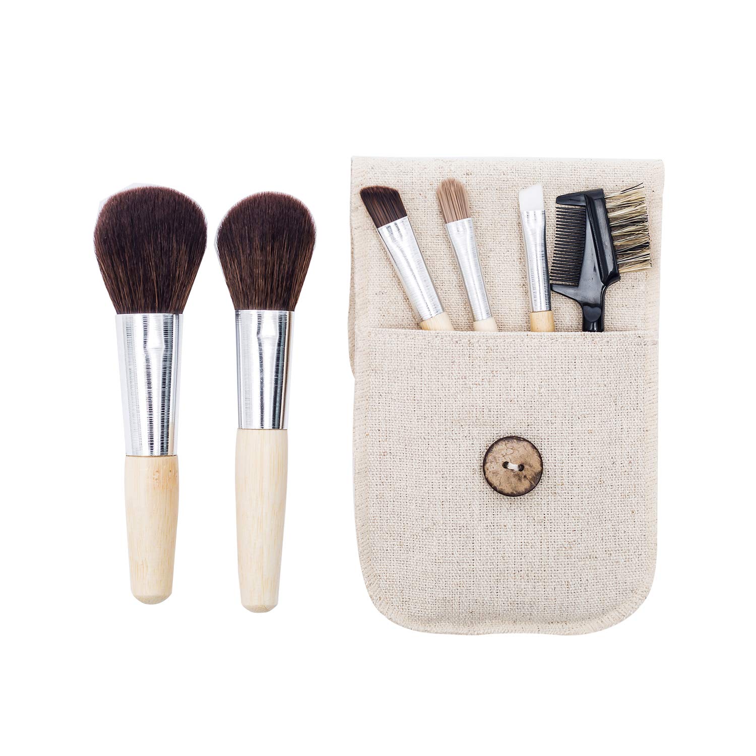 Natural Bamboo Makeup Brushes 6pcs Mini Cosmetic Makeup Brushes Set With Travel Bag Case Powder Blush Eye Shadows Eyebrow Make Up Brushes Kit(Beige)